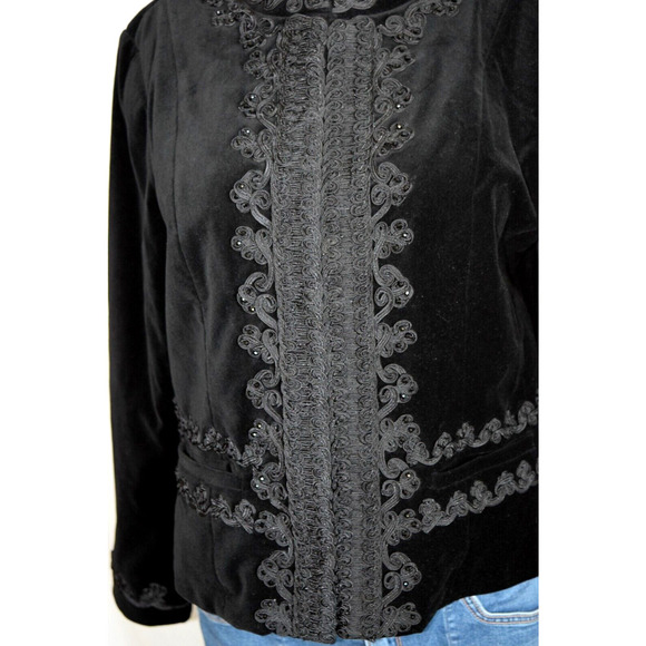 Ribbon Embellished Velvet Jacket Size M Embroidered Layer Festive Black Reba - Picture 4 of 10
